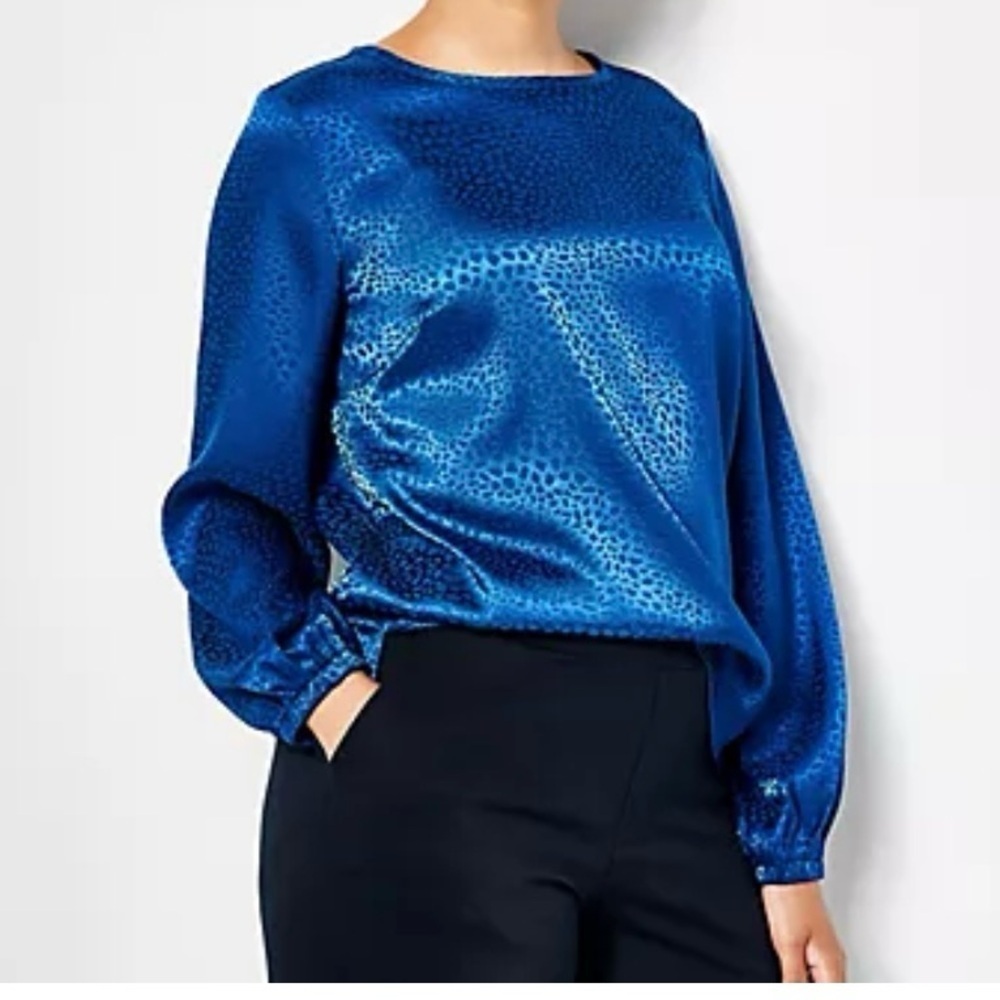 Jason WU blouse jacquard sapphire blue size small print silky popover blouse‎